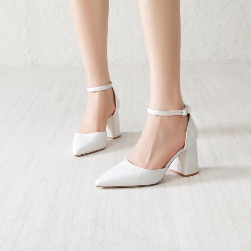 Image of RIBONGZ Block Heels for Women Closed Pointed Toe Heeled Slingback Chunky High Heel Ankle Strap Pumps Patent Leather Comfort Dressy Shoes for Work Party Prom Wedding Bridal Dress