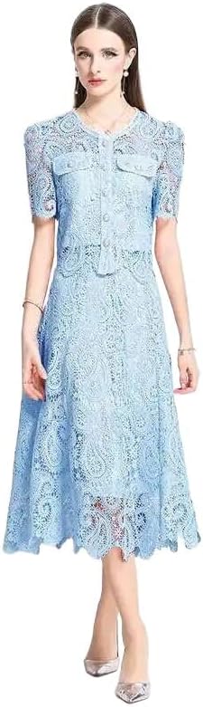 Embroidery Lace Dress 2 Piece Women Long Summer Hollow Out Short Evening Party Blue Lace Set L
