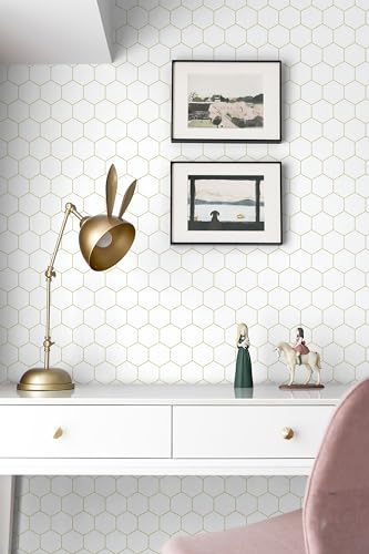 Fiula Gold and White Geometric Wallpaper Peel and Stick Wallpaper Hexagon White Wallpaper 17.3”×78.7”Decorative Shelf Drawer Liner Roll Waterproof
