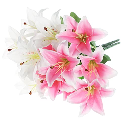 Artificial Lilies Flowers 2 Bouquets Fake Silk Full Bloom Lily For Wedding Party Decoration,White #TOP3