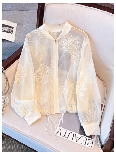 GORGLITTER Women's Light Jackets Floral Embroidery Zip Up Bomber Jackets Sheer Casual Long Sleeve Coats3