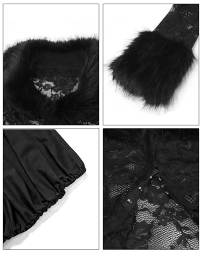Image of Women Sexy 2 Piece Outfits Rave Tie-up Feather Trim Fur Long Sleeve Cardigan Deep V Blouse