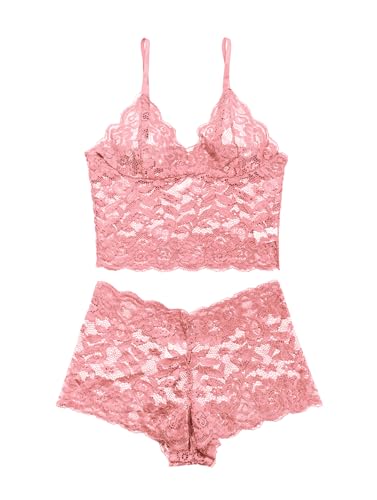Image of Lilosy Sexy Sheer Floral Lace Pajamas Lingerie Set High Waist Sleepwear Bra and Panty 2 Piece Nightwear