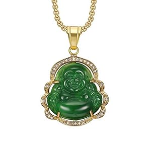 COLORFUL BLING 18k Gold Plated Laughing Buddha Pendant Necklace Green Jade Cubic Zirconia Gemstone Lucky Amulet Jewelry for Women Men-Green 1