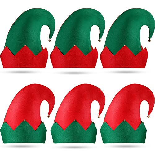Laumoi 6 Pack Christmas Elf Felt Hats Green and Red Xmas Holiday Santa Hat Elf Bell Hat for Christmas Party Favors(Solid Style)