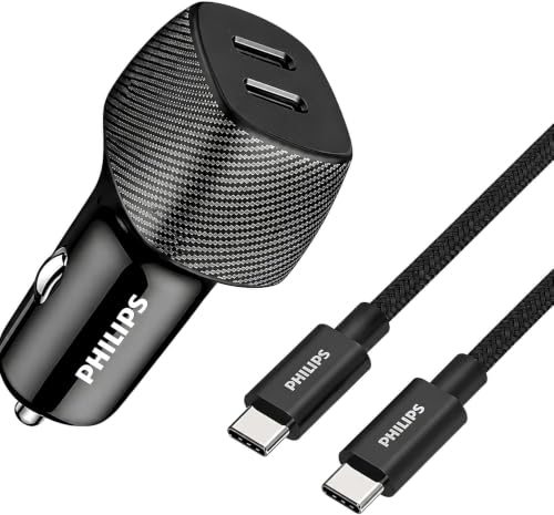 Philips 60W USB-C Car Charger Dual Port with 1m USB-C Cable Fast Charging Smart Protection for iPhone Samsung iPad and Tablets DLP5522CC/00