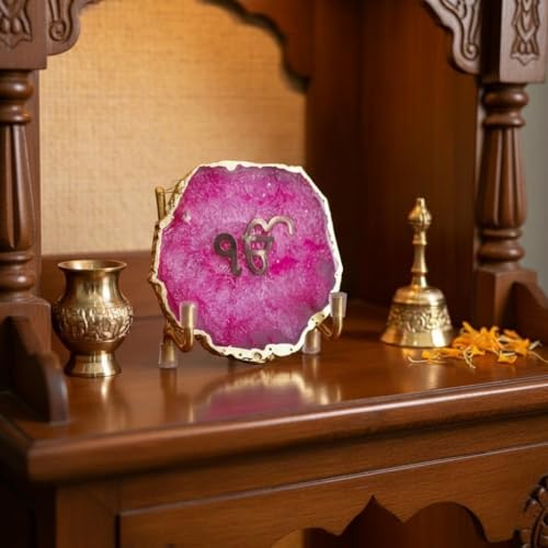 Image of Ik Onkar Metal Holder with Pink Agate, Festive Home Decor Showpiece for Temple, Meditation and Prayer Room, Perfect Decorative Corporate Gift, Housewarming and Spiritual Spaces