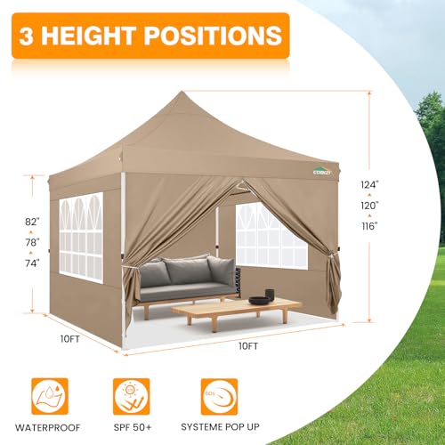 Image of COBIZI 10x10 Pop Up Canopy with 4 Sidewalls, Pop up Tent 10x10 for Parties, Backyard, Commercial, Waterproof and Portable Instant Shelter UV50+ Ez Outdoor Canopy Gazebo with 4 Sandbags