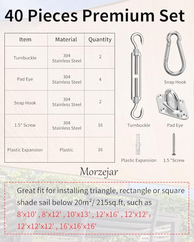 Morzejar Sun Shade Sail Hardware Kit, 304 Stainless Steel Sunshades Canopy Installation Kit for Garden Rectangle & Triangle Shade Sails, Heavy Duty Shade Sail Fixing Accessories, Awning Attachment Set