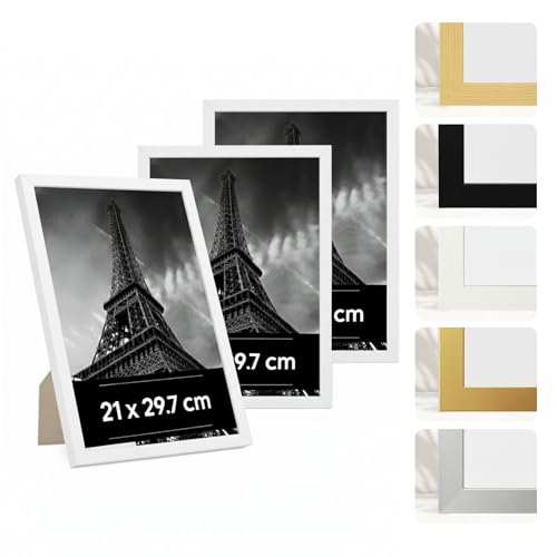 JCNORD Estancia 3 Stück A4 Bilderrahmen aus Weißem Kunststoff 21 x 29 7 cm 3er-Pack 21x29 7 cm Rahmen mit Bruchsicherem Acrylglas Moderner Fotorahmen für Wände und Tische