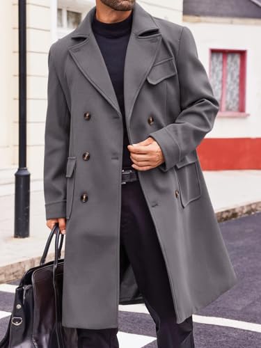 Image of Runcati Mens Trench Coat Notch Lapel Double Breasted Peacoat Wool Blend Casual Long Overcoat