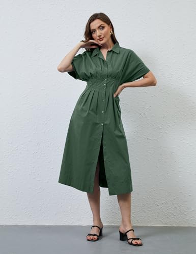 Image of Women Striped Button Down Shirt Maxi Dresses Summer Pleated Short Sleeve Collar Casual Corset Long Dress