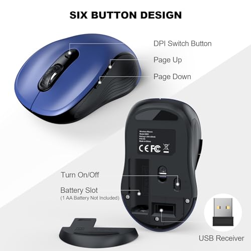 Image of WisFox 2.4G Wireless Mouse for Laptop, Ergonomic Computer Mouse with USB Receiver and Type-C Adapter, 3 Adjustable Levels, 6 Button Cordless Wireless Mice for Windows Mac PC Notebook (Blue)