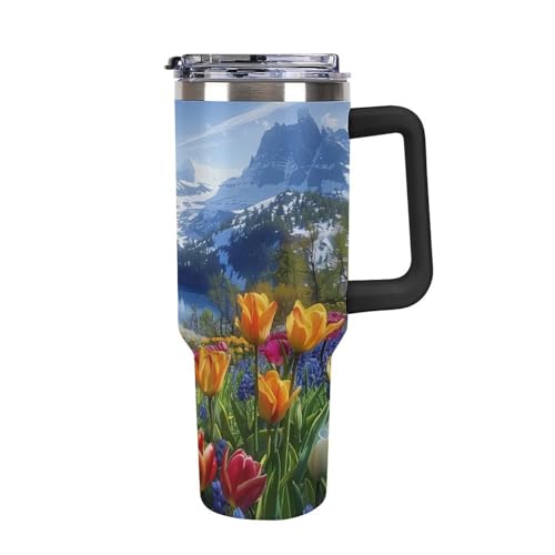 Taza de viaje de 40 oz de tulipanes florales para evitar derrames de café en el coche