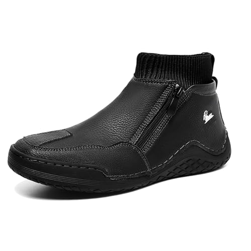 RiceelSor Men's Leather Sock High Top Loafers Hand-Stitching Side Zipper Fully Fur Lined Warm Comfort Driving Ankle Chukka Boots Non-Slip Dress Shoe