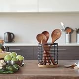 Metal+Bamboo Tool Utensil holder for Kitchen Counter - 5.2' x 5.2' x 6' Large Round with Wooden Base Matte Black Cooking Utensil Holder Utensil Organizer