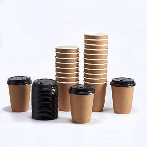 [100 Pack] 12 oz Disposable Coffee Cups with Lids | Double Wall | Insulated To Go Paper Cups for Hot Beverages | No Sleeves needed | No Leak | Coffee Cup Set– Kraft by Whole Ware Supply (100, 12 OZ)