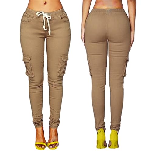 Andongnywell Womens Casual Stretch Drawstring Skinny Pants Cargo Jogger Pants High Waist Tie Butt Lift Pant with Pockets2