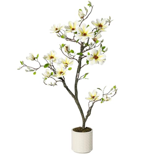 4FT Faux Magnolia Plants Artificial Flower Trees Fake Plants for Yard Patio Home Office Arrangement Decor Indoor Outdoor Artificial Magnolia Tree Inc. 66 Realisc Flowers Vivid Leaves Mosses White Pot