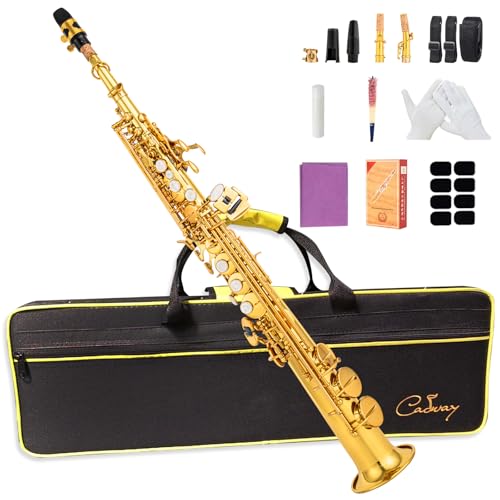 Cadway Bb Soprano Saxophone Straight Gold Laquer Sax Instruments for Beginners Students Intermediate...
