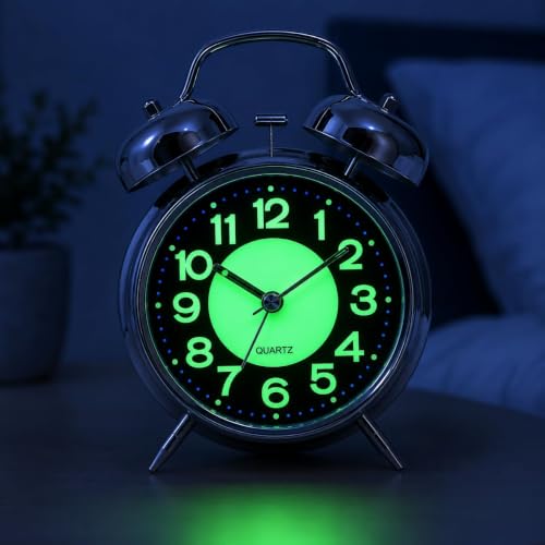 Image of HOME SKILL Analog Alarm Clock for Heavy Sleepers Loud Clock for Adults Classic Twin Bell - Super Loud, Non-Ticking Silent Quartz Movement, Backlight, Decor Bedroom /Office (Silver Luminous)