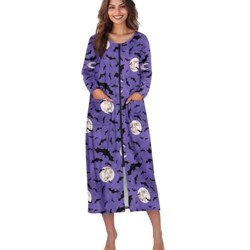 Halloween Nightdress Zip Up Robes for Women Full Length Nightgown Soft Housecoat with Pockets Long Sleeve Nighties4