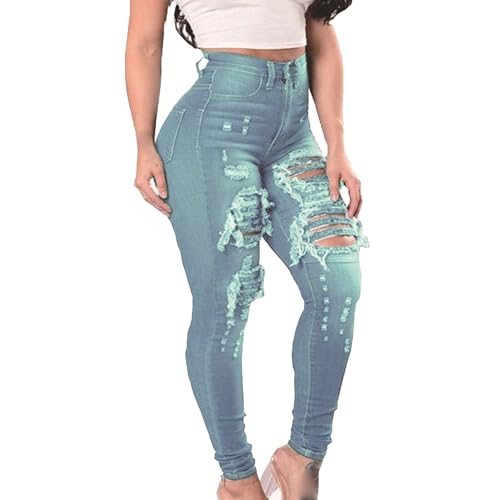 JEKE-DG Women's Skinny Destroyed High Waist Jeans Stretch Distressed Ripped Denim Slim Butt Lifting Skinny Trousers