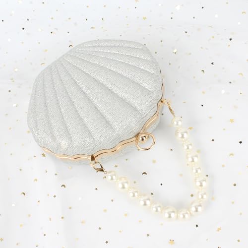 Image of Glitter Seashell Evening Clutch Purse Mini Chain Crossbody Bag Pu Leather Shell Pearl Shoulder Bag