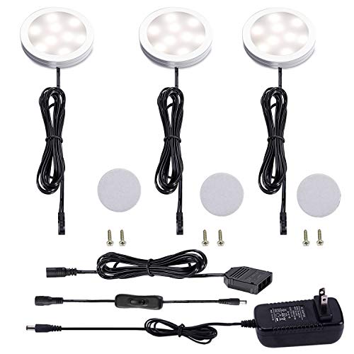 AIBOO 12V LED Under Cabinet Lighting Kit 3 Packs Slim Aluminum Puck Lights with 2-Way Switch All Accessories Included for Counter Closet Lighting 6W (Natural White)