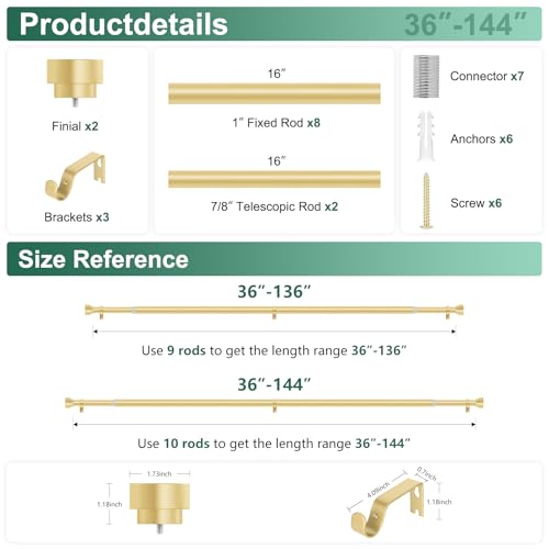 HEI! DEAR Gold Curtain Rods 72 to 144 Inch(6-12FT),1 Inch Long Curtain Rod,Adjustable Heavy Duty Curtain Rods,Modern Decorative Drapery Rods,Telescoping Window Single Curtains Rods 36-150\",Brass Gold