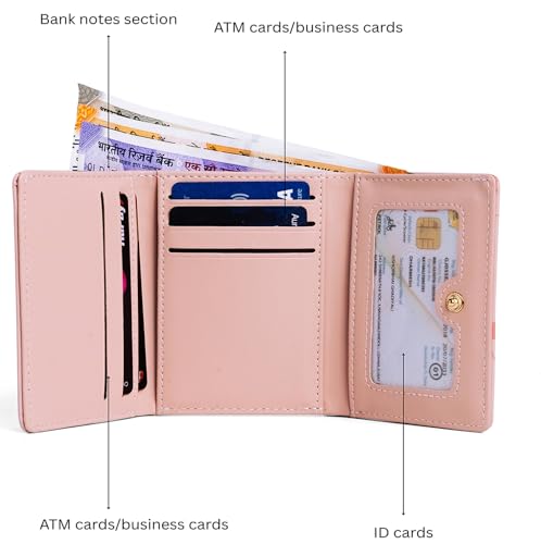 Image of INOVERA (LABEL) Tri-fold Wallet for Women Girls - Cards Coin Holder Mini Hand Purse - Faux Leather Stylish Wallets (Pink)