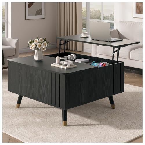 Image of JOINICE Square Lift Top Coffee Table with Storage for Living Room,Black | 32 inch Multi-functional Pop Up Center Table,Large Hidden Compartments with Solid Wood Legs,Lift to 23 inch,Hold 100lbs,Easy Assembly