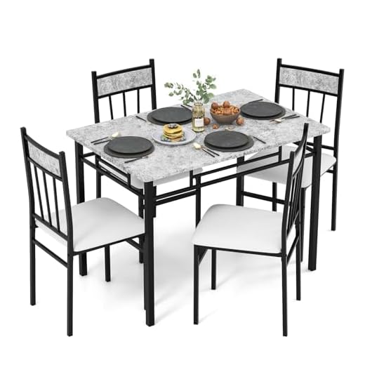 Tangkula 5 Piece Dining Table Set for Dining Room Kitchen, Table and Chairs Set for 4 Persons, Metal Frame & Padded Seat, Faux Marble Table Top, Black & Grey