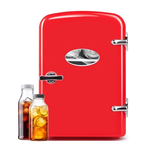 Image of Simple Deluxe Mini Fridge with Observation Window 6 Can Portable Cooler & Warmer Freon-Free Small Refrigerator, Compact Fridge for Skincare, Beverage, 4L with Window, Red