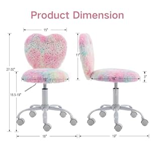 Fluffy Desk Chair with Wheels Cute Kids Study Chair with Adjustable Height Faux Fur Task Computer Chair Swivel Chair for Girls Teen Rolling Chair for Bedroom Vanity Rainbow Pink