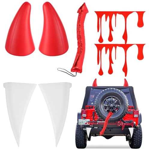 VioraWhite 5 Pcs Halloween Devil Car Decoration 3D Bull Horns Sticker Vampire Fangs Teeth Red Flowing Blood Sticker Devil Tail for Halloween Cars Truck SUV Decor