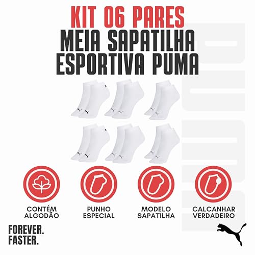 Puma Kit 6 Pares Meias Sapatilha Cano Curto Everyday Esportiva Masculino Adulto, 6 Branca, 39-43