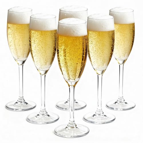 Taylor & Brown Reusable 6 Pack Clear Plastic Champagne Flute Glasses with Stem - 170ml Transparent Unbreakable Glasses Tumblers Drinks Cups Durable Reusable