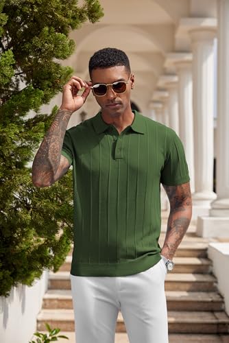 COOFANDY Mens Golf Polo Shirts Ribbed Textured Knit Polo Shirt Business Banded Bottom Shirts Casual V Neck Polo Shirts Collared Shirts Short Sleeve Army Green - Image 7
