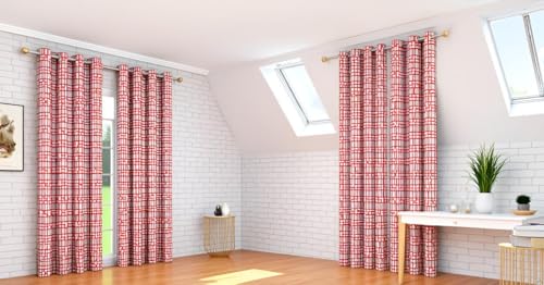 Image of Woah Geometric Pattern Grommet Curtains, 7 Feet for Living Room Bedroom|Geometric Pattern Faux Silk Room Darkening Door Curtains 4x7 feet (Red, Set of 1)