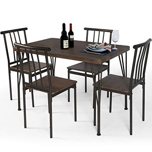 LAZZO 5 Piece Dining Table Set, Wooden Kitchen Table Set with Metal Frame, Rectangular Dining Room Table and 4 Chairs Set for Breakfast Nook,Home, Dinette, Kitchen Studio (Brown)
