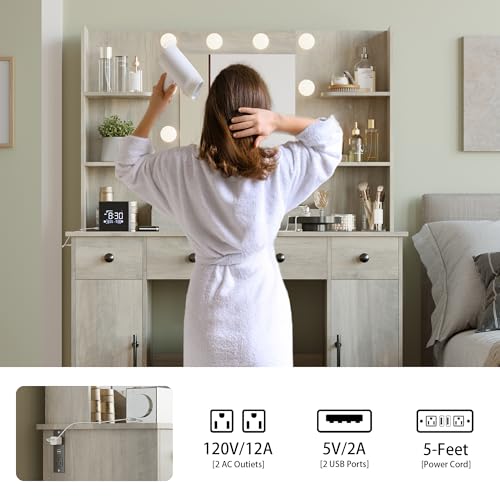 Image of Wodeer Makeup Vanity Desk with Mirror and Lights, 43 inch Grey Vanity Set with 3 Drawers, Power Outlet & Adjustable RGB LED Lights, Dressing Table with Storage Shelf for Women & Girls Bedroom