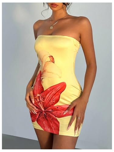 Image of WDIRARA Women's Floral Print Mini Tube Dress Summer Strapless Sleeveless Bodycon Dresses