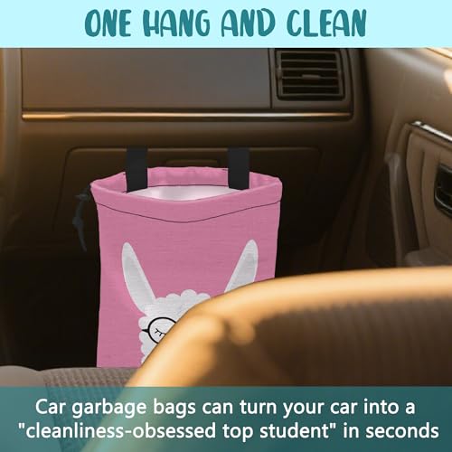 Image of Car Garbage Bag Cute White Alpaca in Glasses Drawstring Car Trash Bag Hanging for Back Seat with Adjustable Buckle Canvas Vehicle Trash Can Easy-to-Install