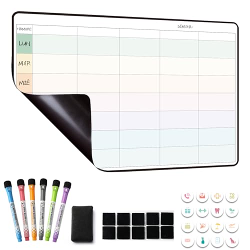 Planificador Semanal Magnetico,Pizarra Nevera Magnetica,Organizador Semanal,Calendario Semanal Planificador Magnetico Nevera 42×28cm   en español