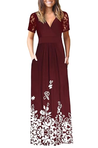 Image of AUSELILY Maxi Dresses for Women Summer Lace Short Sleeve V Neck Wrap Dress | Lace Short Sleeve, Two Pockets, V-Neck Wrap Waist Long Dress