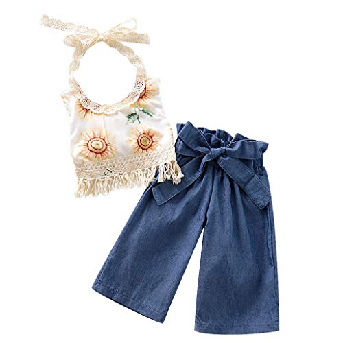 YWLINK Conjuntos NiñA Vestido De NiñA Princesa Sin Mangas Camisola Encaje Borla Top Estampado Girasol Flor De Sol Arriba Camiseta+Traje De PantalóN De Arco Ropa De NiñOs Lindo(Azul,3-4 años/120)