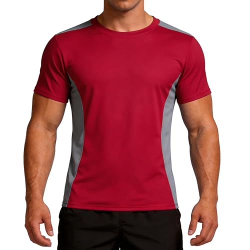 Charmo Mens Short Sleeve UV Swim T-Shirts Quick Dry Running Rash Guard Watersports Top for Fishing Red L