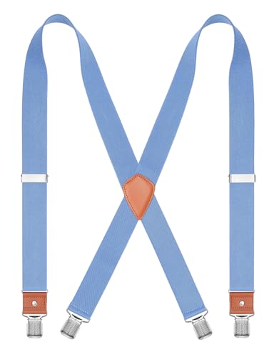 CEAJOO Mens Suspenders Heavy Duty 1.4 Inch X-Back Adjustable Elastic Braces with Strong Clips and Straps Azure Blue 43