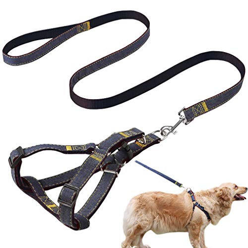 Jecikelon Dog Leash and Harness Set Strong Wearable Denim Sewing Training Dog Leashes Adjustable Strap Dog Harness Gentle Leader for Dogs (Black2, M)